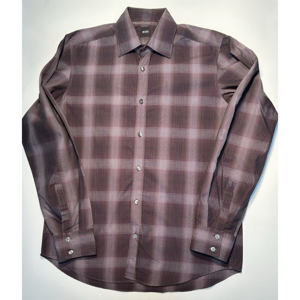 Boss Hugo Black Label Men’s Size M Medium Dress Shirt Purple Black Plaid